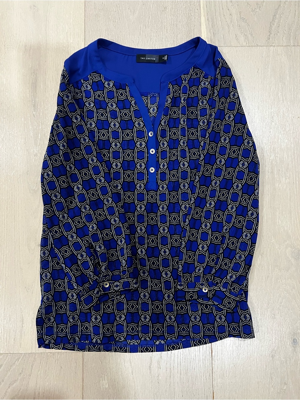 The Limited Royal Blue Geometric Chain Link Henley Blouse Size S